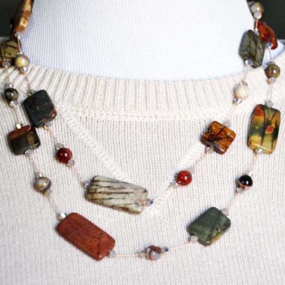 Handmade Hand Knotted Venus Jasper Chicklet Beaded Necklace 42 Inches